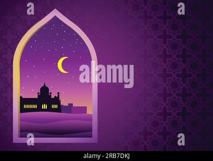 Illustration for month of Ramadan, Mosque on desert seen through mosque window Stock Vector