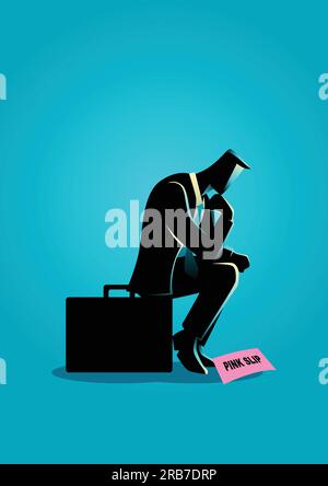 Business concept illustration of a businessman sitting on suitcase sadly because got a pink slip Stock Vector