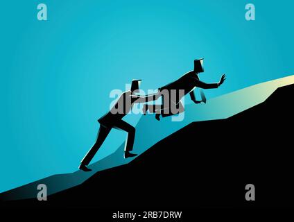 Business concept illustration of a man pushing his exhausted friend uphill Stock Vector