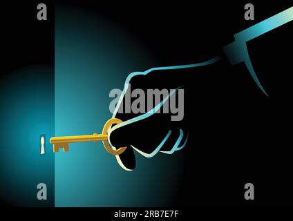 Business concept illustration of a businessman hand holding a golden key Stock Vector