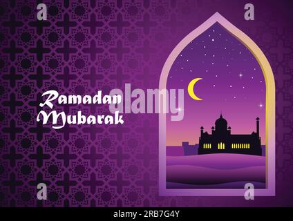 Illustration for month of Ramadan, Mosque on desert seen through mosque window Stock Vector