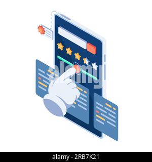 Flat 3d Isometric Hand Icon Give Star Feedback and review on Smartphone. Customer Review and Feedback Concept. Stock Vector