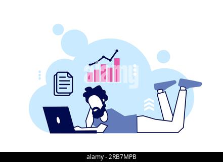 Vector of a young man working on laptop computer reviewing financial data reports Stock Vector