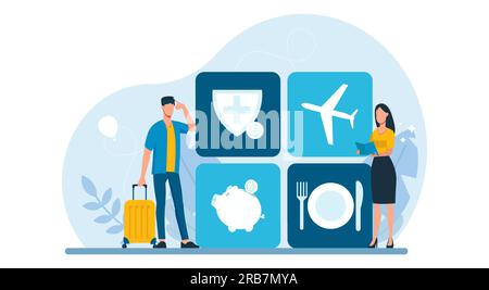 Employee benefits package concept. Worker advantages: overtime, medical insurance, vacation, paid family leave and retirement benefits, vector Stock Vector