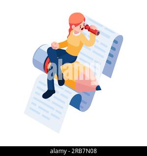 Flat 3d Isometric Woman Sitting on Pencil with Telescope. Copywriter and Content Writer Career Concept. Stock Vector