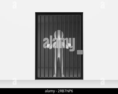 3D illustration of a cartoon man standing behind jail bars Stock Photo