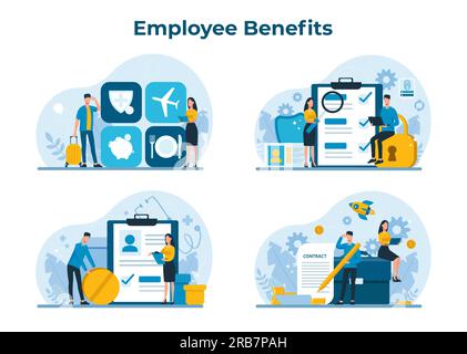 Employee benefits package concept. Worker advantages: overtime, medical insurance, vacation, paid family leave and retirement benefits, vector set Stock Vector