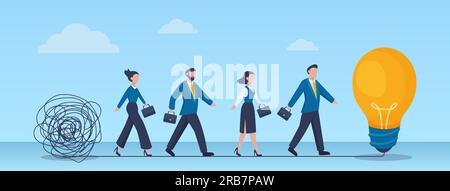 Vector of business people solving a problem, finnding an easy way to understand new idea. Businessmen and businesswomen walking away from mess chaos l Stock Vector