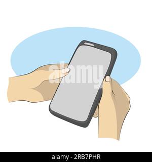 closeup hand holding smart phone with blank screen illustration vector hand drawn isolated on white background line art. Stock Vector