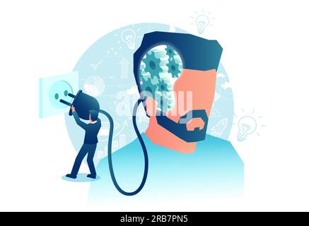 Vector of a man head with gear mechanisms inside being power plugged into a socket. Brain productivity boost concept Stock Vector