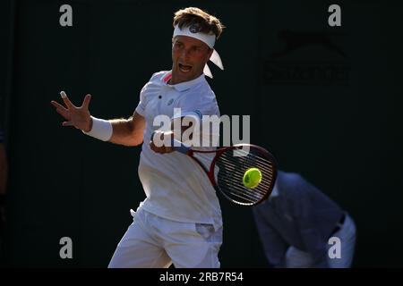 London, UK. 07th July, 2023. 07 July, 2023 - Wimbledon. Great Britain's Liam Broady in action during his third round loss to Canada's Denis Shapovalov during their third round match at Wimbledon. Credit: Adam Stoltman/Alamy Live News Stock Photo