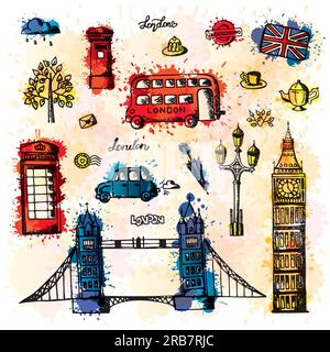 A group of objects with London features with watercolor drops. Stock Vector