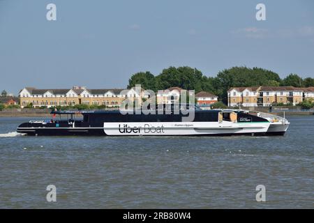 The brand new, hybrid powered, EARTH CLIPPER joins the Uber Boat by Thames Clipper river bus fleet and is seen arriving on the River Thames in London for the first time. Stock Photo