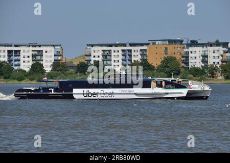 The brand new, hybrid powered, EARTH CLIPPER joins the Uber Boat by Thames Clipper river bus fleet and is seen arriving on the River Thames in London for the first time. Stock Photo