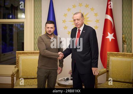 Istanbul, Turkey. 07th July, 2023. Turkish President Recep Tayyip Erdogan, right, welcomes Ukrainian President Volodymyr Zelenskyy, left, for a bilateral meeting at the Vahdettin Mansion, July 7, 2023 in Istanbul, Turkey. Credit: Ukraine Presidency/Ukraine Presidency/Alamy Live News Stock Photo