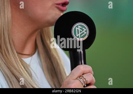 Fuerteventura, Deutschland. 07th July, 2023. Close Up: Microphone with DFB Logo, Embelem Germany (GER) -Zambia (ZMB) 2-3 on July 7th, 2023, Sportpark Ronhof Thomas Sommer in Fuerth, ? Credit: dpa/Alamy Live News Stock Photo
