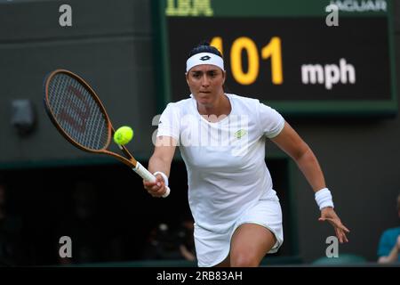 London, UK. 07th July, 2023. 07 July, 2023 - Wimbledon. Tunisia's Ons Jabeur in action against China's Zhuoxuan Bai during their second round match at Wimbledon. Credit: Adam Stoltman/Alamy Live News Stock Photo