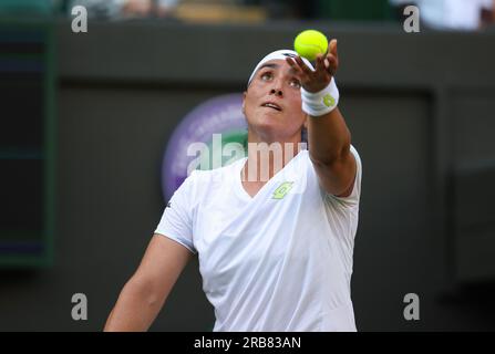 London, UK. 07th July, 2023. 07 July, 2023 - Wimbledon. Tunisia's Ons Jabeur in action against China's Zhuoxuan Bai during their second round match at Wimbledon. Credit: Adam Stoltman/Alamy Live News Stock Photo