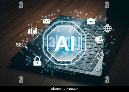 Desktop photo of laptop with AI hologram interface. Chat concept AI. Artificial Intelligence. Futuristic technology transformation. Stock Photo