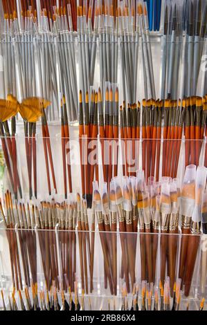 Group of new artistic paintbrushes on shelf display for sale in art store. School stationery, office supply shop. Visual arts, painting, creativity. T Stock Photo