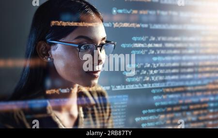 Software, data hologram and woman with code analytics, information technology and gdpr overlay. Programmer coding or IT person in glasses reading html Stock Photo