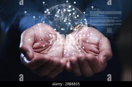Hands, global network and future technology hologram for communication, networking or ai. Earth, globe or 3d virtual world for cyber security, cloud Stock Photo