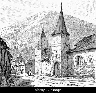 A late 19th century illustration of Eglise  Notre-Dame church in the village of Sentein, in the department of Ariège of the french region Midi-Pyrénées located in the south of France. The town of Sentein is located in the township of Castillon-en-Couserans part of the district of Saint-Girons. Stock Photo
