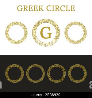 Set of Gold Ancient Greek Circle Pattern. Seamless Greek Key Round Frame. Antique Gold Decorative Meander Circle Collection Stock Vector