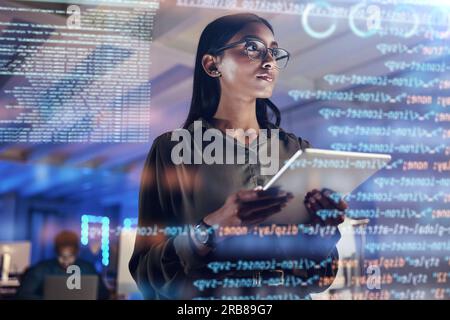 Software, coding hologram and woman on tablet thinking of data analytics, digital technology and night overlay. Programmer or IT person in glasses on Stock Photo