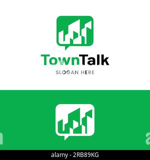 Town City Building with Bubble Speech Chat in Modern Minimal Style for Urban Conversation Discussion News Community Group Social Media Platform App Stock Vector