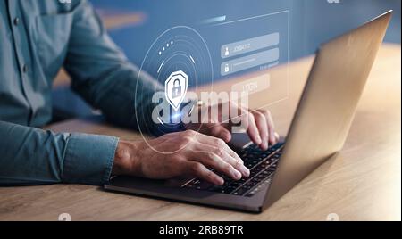 Hands, developer on laptop and hologram for login, cyber security software or code. IT, typing and programmer with keyboard, lock overlay or Stock Photo