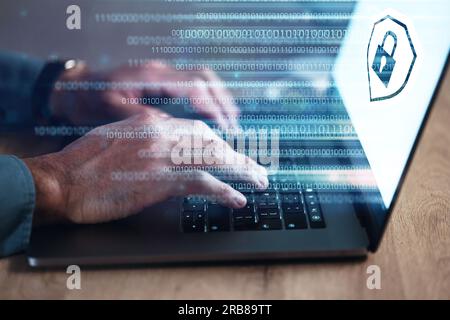 Hands, programmer on laptop and hologram for cyber security, software or binary code. IT, typing and developer with keyboard, gdpr lock and data Stock Photo