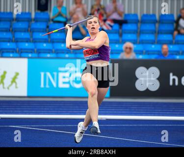 Manchester, UK. 08th July, 2023. Beech Walton throws the javelin during the javelin final of the UK Athletics Championships at Manchester Regional Arena, Manchester, United Kingdom, 8th July 2023. (Photo by Conor Molloy/News Images) in Manchester, United Kingdom on 7/8/2023. (Photo by Conor Molloy/News Images/Sipa USA) Credit: Sipa USA/Alamy Live News Stock Photo