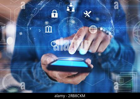 Phone in hand, lock and cybersecurity overlay to show futuristic hologram, data safety or software developer with mobile app, technology and Stock Photo