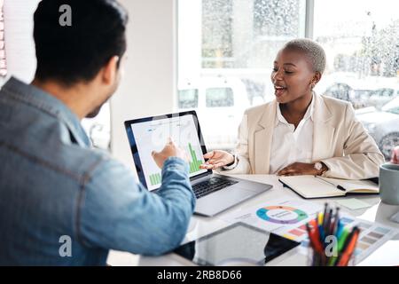 Laptop statistics, diversity partnership and people review media analytics, feedback data or research project insight. Teamwork, media analyst and Stock Photo