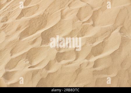 Natural sand texture. Yellow sand on the beach. Wavy sand background for summer designs. Stock Photo