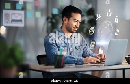 Businessman, laptop and cybersecurity overlay with futuristic hologram, data safety or software developer in office with innovation of technology. Ux Stock Photo