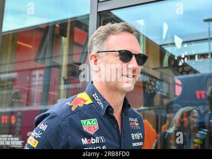 Towcester, UK. 08th July, 2023. Silverstone, Towcester, Northamptonshire, UK on July 08 2023. Christian Horner arrives at the Paddock during the Formula 1 Aramco British Grand Prix at Silverstone, Towcester, Northamptonshire, UK on July 08 2023. Credit: Francis Knight/Alamy Live News Stock Photo