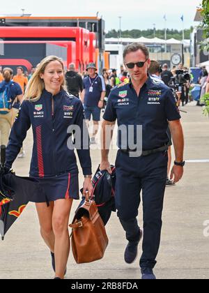 Towcester, UK. 08th July, 2023. Silverstone, Towcester, Northamptonshire, UK on July 08 2023. Christian Horner arrives at the Paddock during the Formula 1 Aramco British Grand Prix at Silverstone, Towcester, Northamptonshire, UK on July 08 2023. Credit: Francis Knight/Alamy Live News Stock Photo