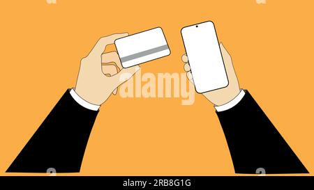 The hand holds the credit card. Credit card, dollar credit card. Money, bitcoin, cryptocurrency. Finance, investments. The hand is holding the phone. Stock Vector