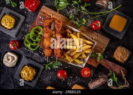 Top view of grilled meat skewers with french fries and sauces Stock Photo