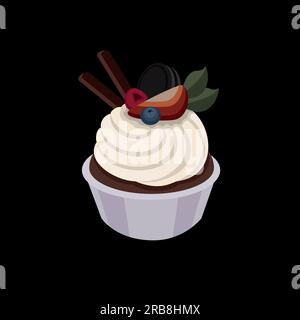 Cake, cupcake with strawberries, black currants, a piece of chocolate in the background, two waffle sticks on the side on a black background Stock Vector
