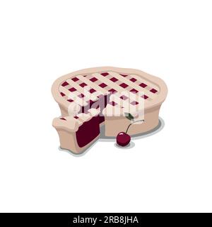 A pie with a small piece next to it and a cherry, a cherry with a green leaf with a shadow on a white background Stock Vector