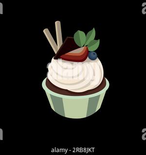 Cake, cupcake with pieces of strawberry, black currant, chocolate, two sticks, three leaves on a black background Stock Vector