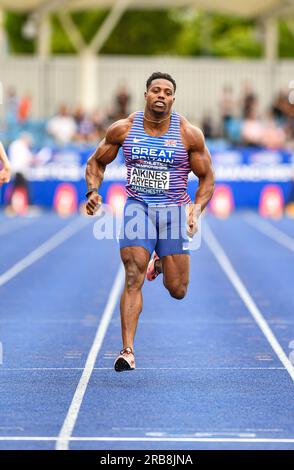 Manchester, UK. 08th July, 2023. 8th July 2023; Manchester Regional Arena, Manchester, Lancashire, England; 2023 Muller UK Athletics Championships Manchester; Harry Aikines wins his 100m heat Credit: Action Plus Sports Images/Alamy Live News Stock Photo