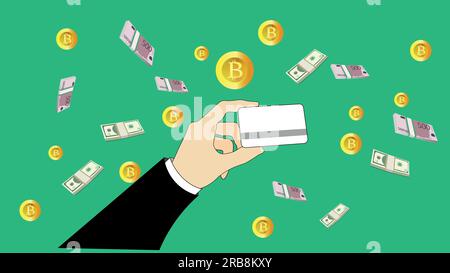 The hand holds the credit card. Credit card, dollar credit card. Money, bitcoin, cryptocurrency. Finance, investments finance concept Stock Vector