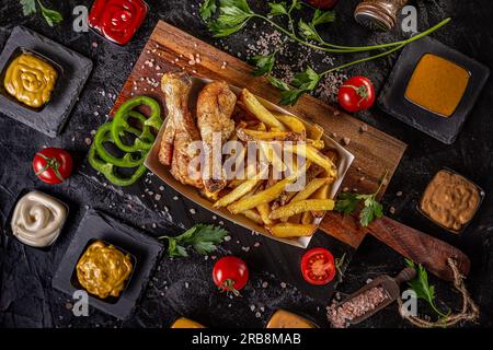 Crispy spicy grilled chicken legs with French fries or potato chips viewed from above Stock Photo