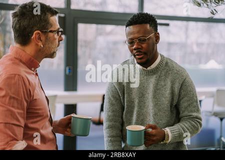 Two diverse coworkers making a plan for their next client on the internet at the office Stock Photo