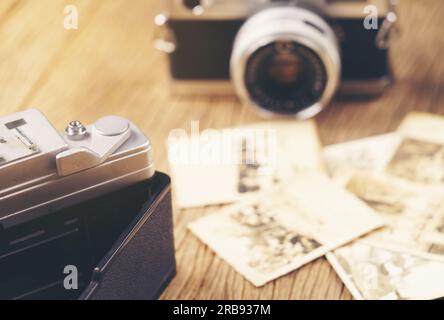 vintage camera on the background of old photos Stock Photo