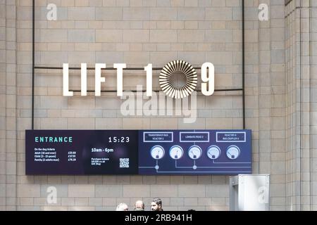 lift 109 sign entrance visitor attraction viewing gallery inside former battersea power station converted upmarket shopping centre  london uk Stock Photo